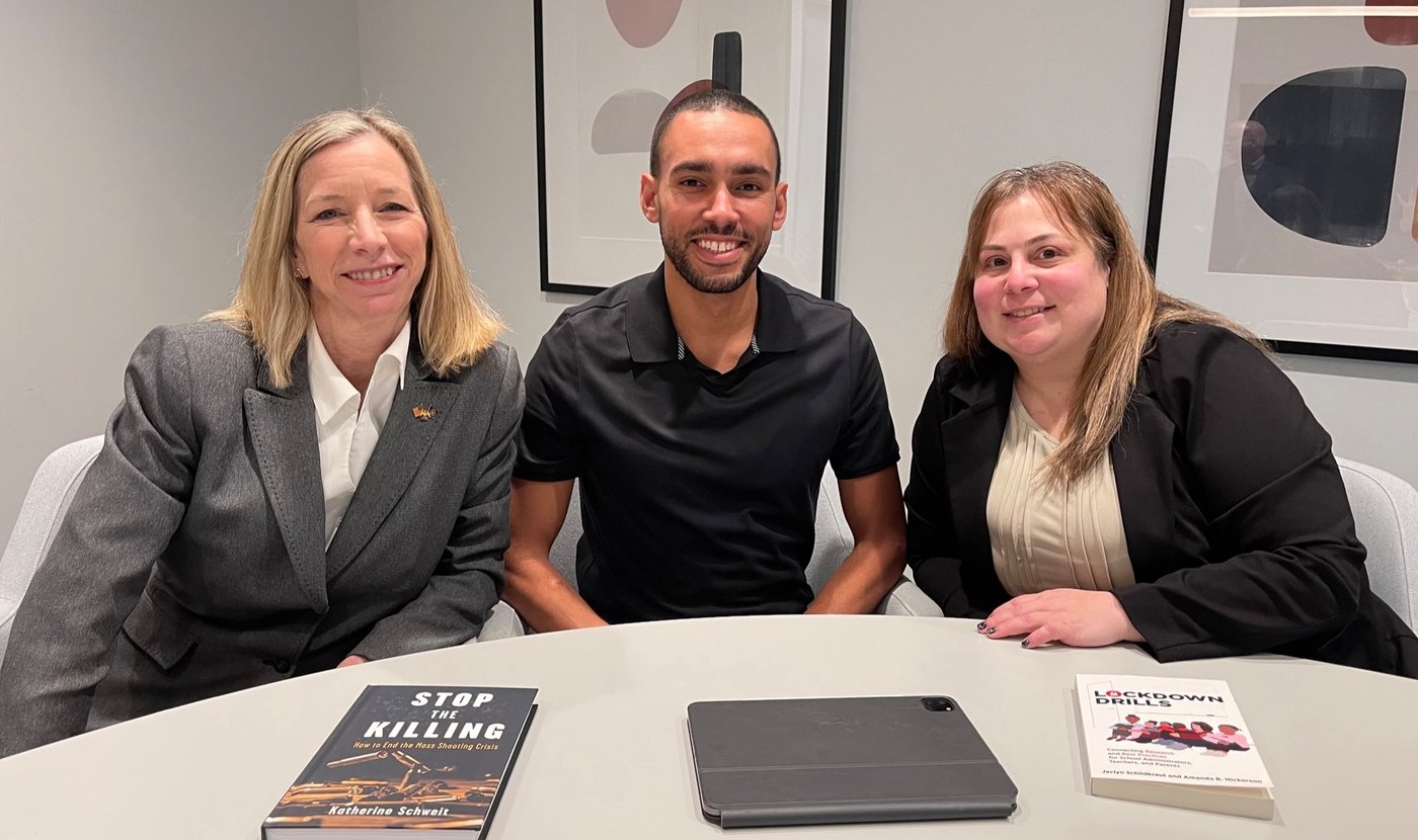 Chris Joffe with Katherine Schweit and Dr. Jaclyn Schildkraut recording the Run, Hide, Fight vs Lockdown debate